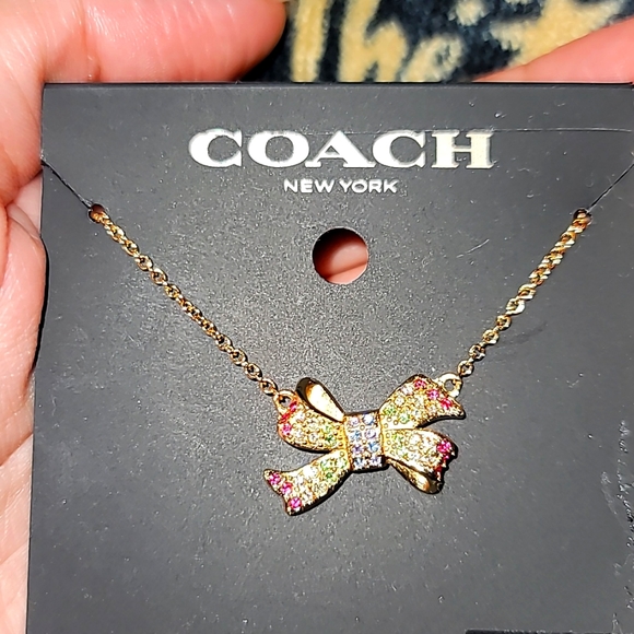 Coach Pave Bow necklace multicolored gold tone 16-22in New 🎀 - Picture 1 of 5